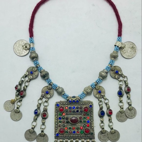Tribal Handmade Beaded Chain Necklace With Long Tassels and Coins - Picture 8 of 12